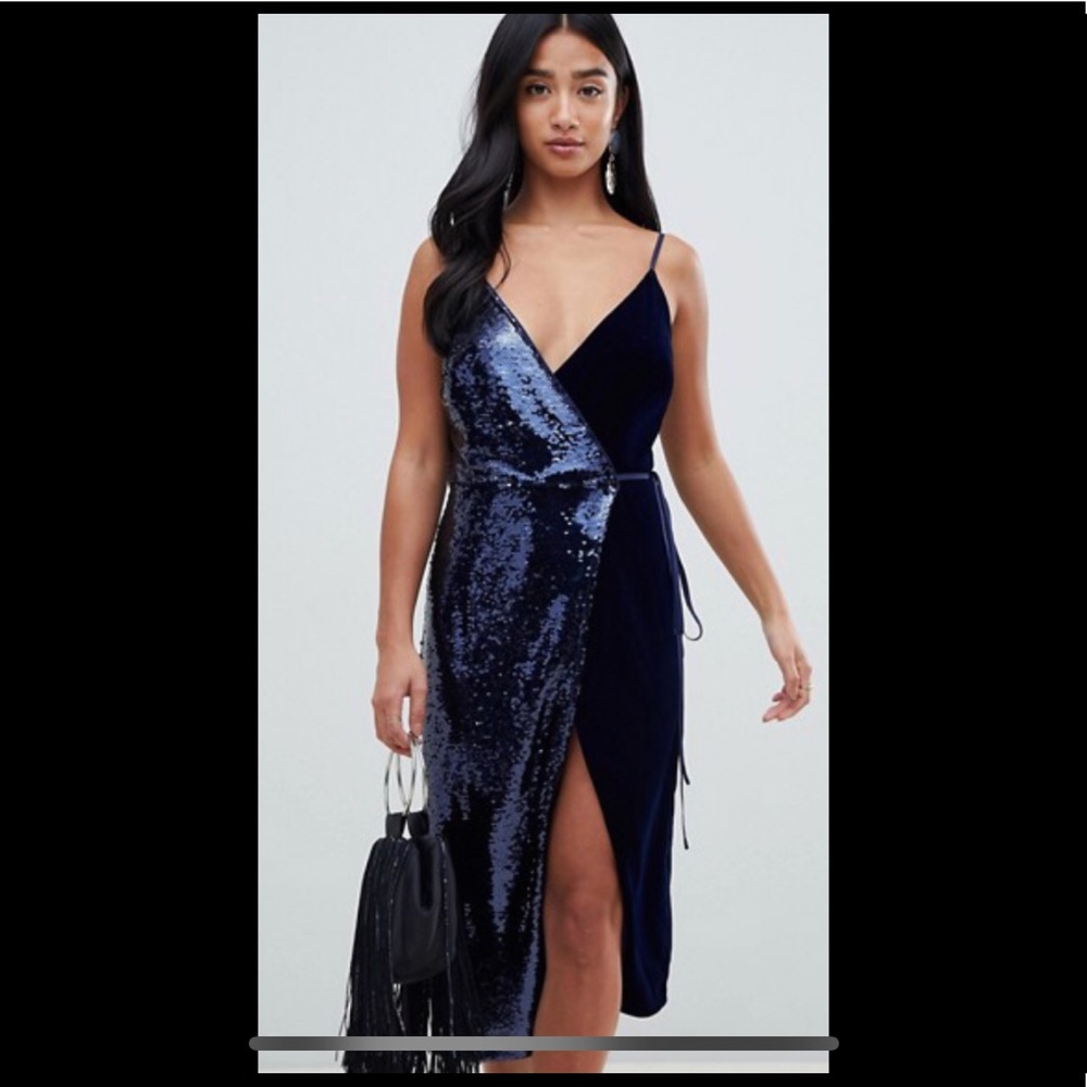 ASOS petite navy velvet and sequin wrap dress